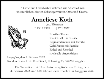 Traueranzeige von Anneliese Koth von Giessener Allgemeine, Alsfelder Allgemeine