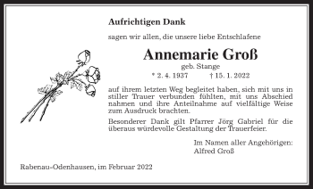 Traueranzeige von Annemarie Groß von Rabenauer Zeitung