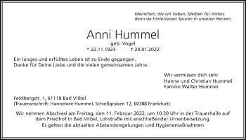 Traueranzeige von Anni Hummel von Bad Vilbel/Karben