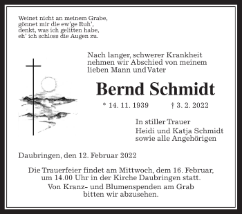 Traueranzeige von Bernd Schmidt von Giessener Allgemeine, Alsfelder Allgemeine, Giessener Anzeiger