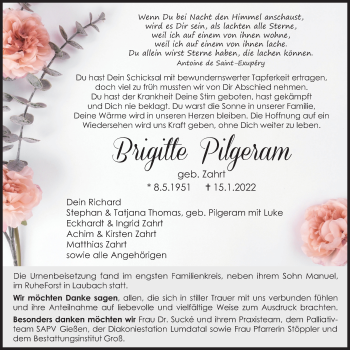Traueranzeige von Brigitte Pilgeram von Rabenauer Zeitung, Giessener Allgemeine, Alsfelder Allgemeine