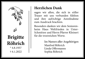 Traueranzeige von Brigitte Röhrich von Licher Wochenblatt