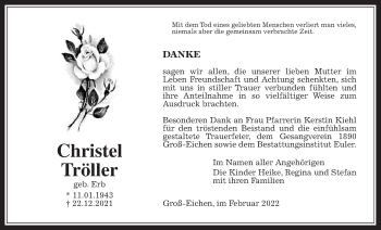 Traueranzeige von Christel Tröller von Giessener Allgemeine, Alsfelder Allgemeine