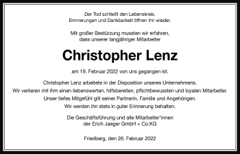 Traueranzeige von Christopher Lenz von Wetterauer Zeitung
