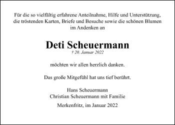 Traueranzeige von Deti Scheuermann von Kreis-Anzeiger