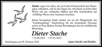 Traueranzeige von Dieter Stache von Wetterauer Zeitung, Giessener Allgemeine, Alsfelder Allgemeine