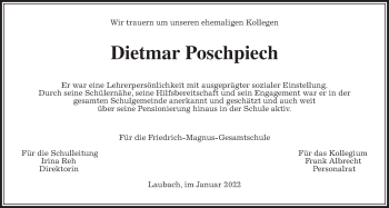 Traueranzeige von Dietmar Poschpiech von Laubacher Anzeiger