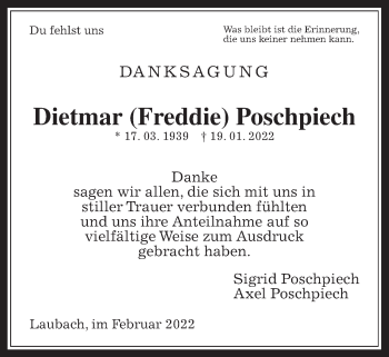 Traueranzeige von Dietmar Poschpiech von Laubacher Anzeiger, Giessener Allgemeine, Alsfelder Allgemeine
