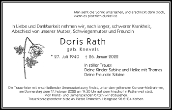 Traueranzeige von Doris Rath von Bad Vilbel/Karben