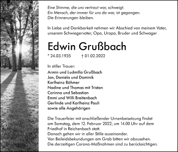 Traueranzeige von Edwin Grußbach von Usinger Anzeiger