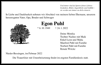 Traueranzeige von Egon Puhl von Licher Wochenblatt