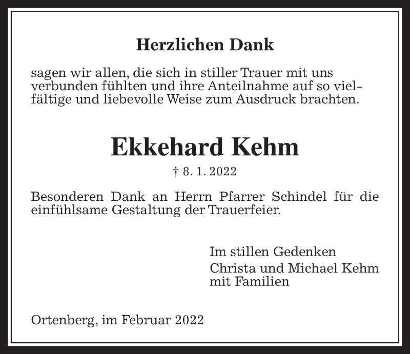 Traueranzeige für Ekkehard Kehm vom 12.02.2022 aus Kreis-Anzeiger, Wetterauer Zeitung