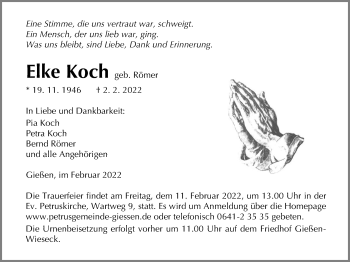 Traueranzeige von Elke Koch von Giessener Allgemeine, Alsfelder Allgemeine, Giessener Anzeiger