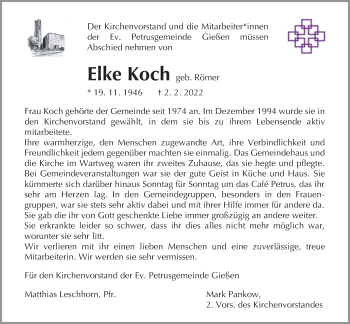 Traueranzeige von Elke Koch von Giessener Allgemeine, Alsfelder Allgemeine, Giessener Anzeiger