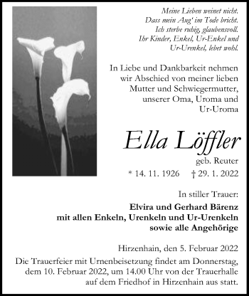 Traueranzeige von Ella Löffler von Kreis-Anzeiger