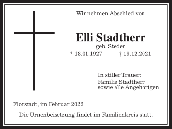 Traueranzeige von Elli Stadtherr von Wetterauer Zeitung