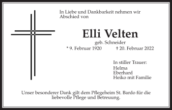 Traueranzeige von Elli Velten von Wetterauer Zeitung