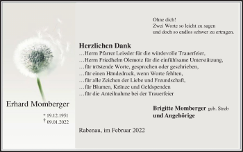 Traueranzeige von Erhard Momberger von Rabenauer Zeitung