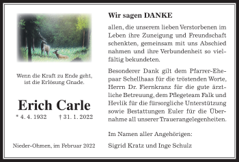 Traueranzeige von Erich Carle von Mücker Stimme, Alsfelder Allgemeine