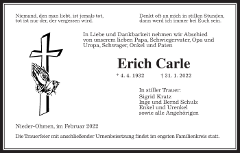 Traueranzeige von Erich Carle von Alsfelder Allgemeine