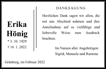 Traueranzeige von Erika Hönig von Giessener Allgemeine, Alsfelder Allgemeine
