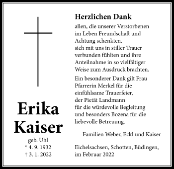 Traueranzeige von Erika Kaiser von Kreis-Anzeiger