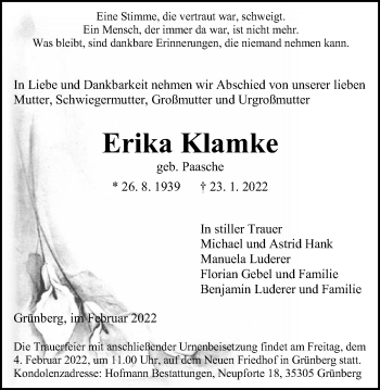 Traueranzeige von Erika Klamke von Mücker Stimme