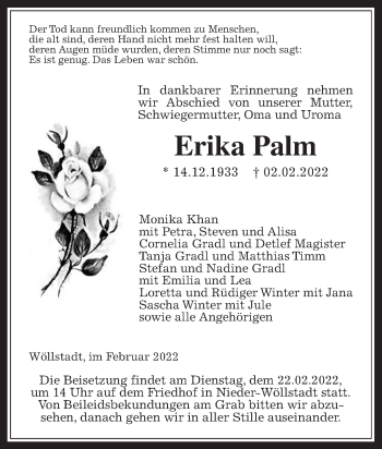Traueranzeige von Erika Palm von Wetterauer Zeitung