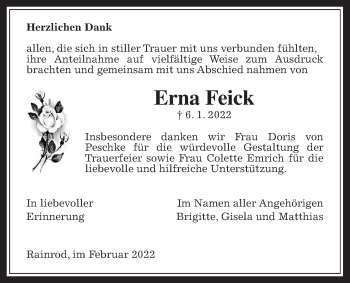 Traueranzeige von Erna Feick von Kreis-Anzeiger