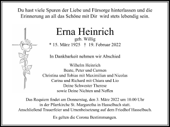 Traueranzeige von Erna Heinrich von Usinger Anzeiger