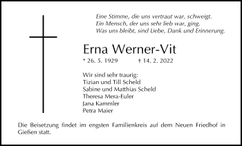 Traueranzeige von Erna Werner-Vit von Giessener Allgemeine, Alsfelder Allgemeine, Giessener Anzeiger