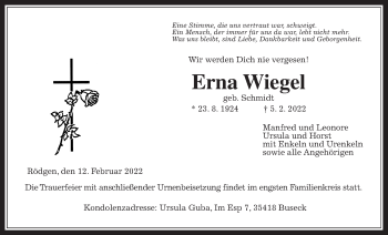 Traueranzeige von Erna Wiegel von Giessener Allgemeine, Alsfelder Allgemeine