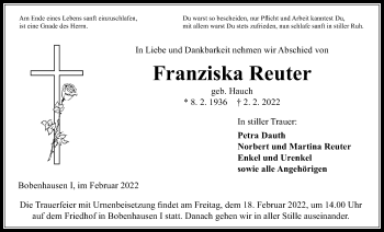 Traueranzeige von Franziska Reuter von Kreis-Anzeiger