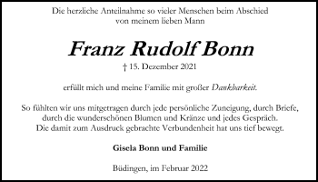 Traueranzeige von Franz Rudolf Bonn von Kreis-Anzeiger