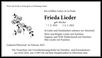 Traueranzeige von Frieda Lieder von Laubacher Anzeiger