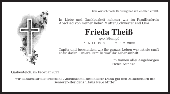 Traueranzeige von Frieda Theiß von Giessener Allgemeine, Alsfelder Allgemeine