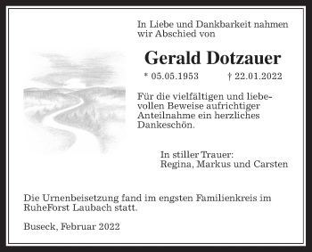 Traueranzeige von Gerald Dotzauer von Giessener Allgemeine, Alsfelder Allgemeine, Giessener Anzeiger