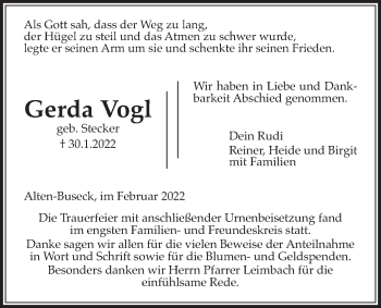 Traueranzeige von Gerda Vogl von Giessener Allgemeine, Alsfelder Allgemeine, Giessener Anzeiger