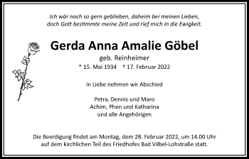 Traueranzeige von Gerda Anna Amalie Göbel von Bad Vilbel/Karben