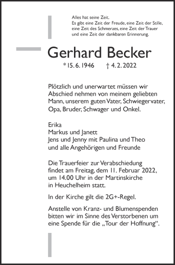 Traueranzeige von Gerhard Becker von Giessener Allgemeine, Alsfelder Allgemeine, Giessener Anzeiger