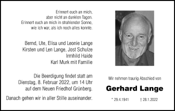 Traueranzeige von Gerhard Lange von Heimatzeitung Grünberg + Laubach, Giessener Allgemeine, Alsfelder Allgemeine, Giessener Anzeiger