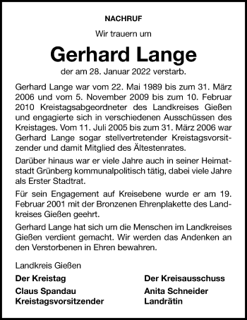 Traueranzeige von Gerhard Lange von Giessener Anzeiger, Giessener Allgemeine, Alsfelder Allgemeine