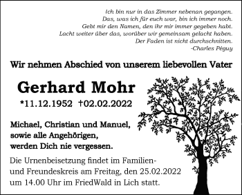 Traueranzeige von Gerhard Mohr von Giessener Anzeiger