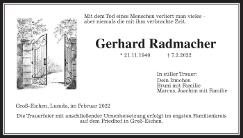 Traueranzeige von Gerhard Radmacher von Alsfelder Allgemeine