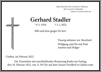 Traueranzeige von Gerhard Stadler von Giessener Allgemeine, Alsfelder Allgemeine, Giessener Anzeiger