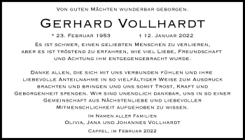 Traueranzeige von Gerhard Vollhardt von Giessener Allgemeine, Alsfelder Allgemeine, Giessener Anzeiger