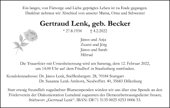 Traueranzeige von Gertraud Lenk von Giessener Allgemeine, Alsfelder Allgemeine, Giessener Anzeiger