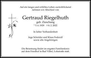 Traueranzeige von Gertraud Riegelhuth von Bad Vilbel/Karben