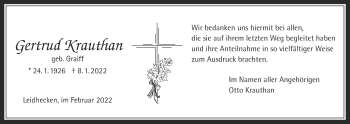 Traueranzeige von Gertrud Krauthan von Wetterauer Zeitung