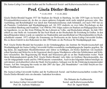 Traueranzeige von Gisela Distler-Brendel von Giessener Anzeiger, Giessener Allgemeine, Alsfelder Allgemeine
